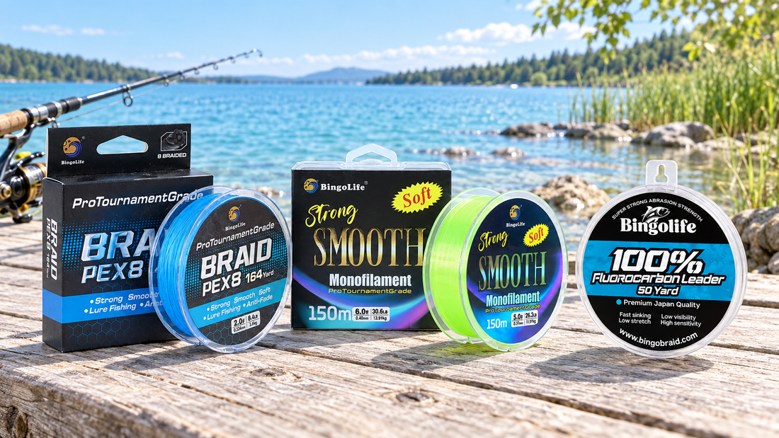 Bingolife braid, monofilament and fluorocarbon on a sunny lakeside fishing dock.