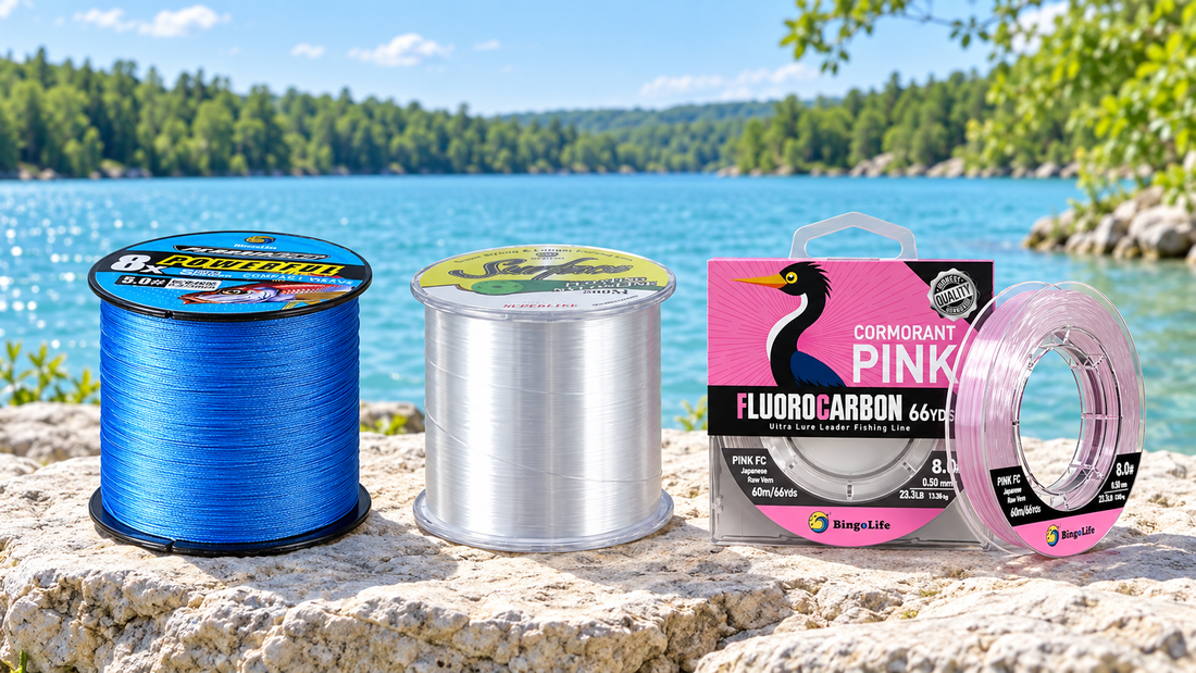Blue braided line, clear nylon monofilament and pink fluorocarbon beside a bright lake.