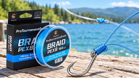 Bingolife braided fishing line with hook knot and leader connection against a sunny lake.