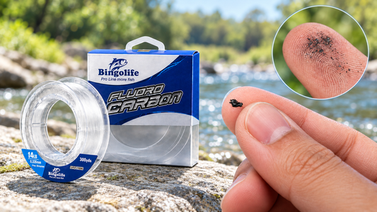Fluorocarbon spool and residue inspection detail against a bright natural riverbank.