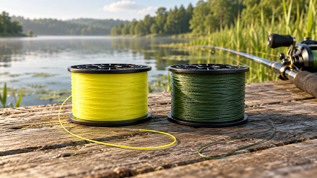 Hi-vis yellow and moss-green braided fishing line spools beside a freshwater lake — AI-generated illustration.