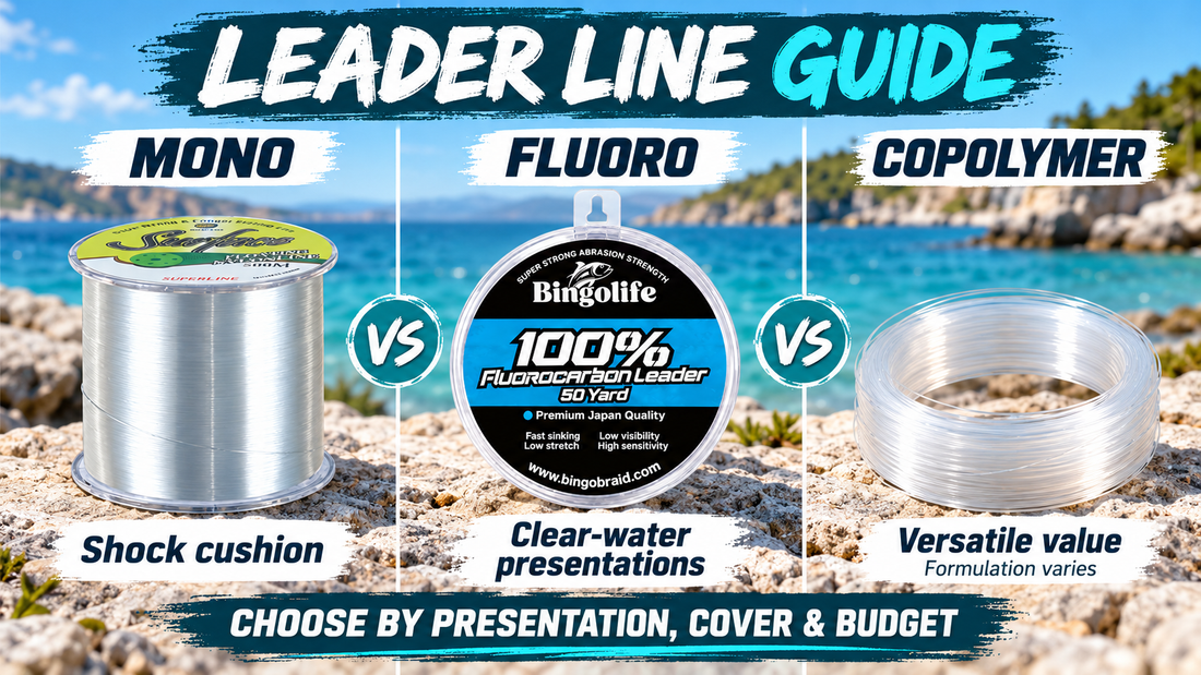 Mono vs fluorocarbon vs copolymer fishing leader guide with a nylon spool and Bingolife 50-yard fluorocarbon leader