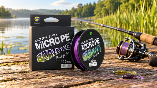 Bingolife purple Ultra-Thin X4 braid with ultralight spinning tackle and micro jigs beside a lake — AI-generated editorial illustration.