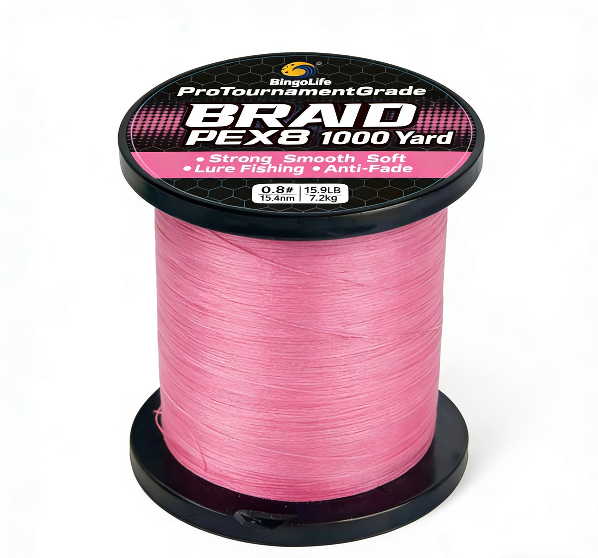Bingolife Pro Tournament X8 braid 1,000 yd bulk spool black blue pink, spool detail