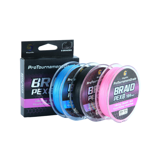 Bingolife Pro-Grade Anti-Fade Braid PEX8 — Water-Dyed & Nano-Coated Japanese UHMWPE, 164 YDS, Black/Blue/Pink
