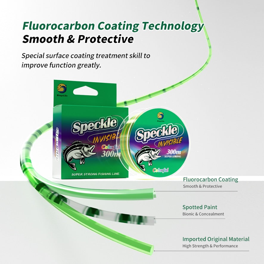 Fluorocarbon coating on speckle monofilament line